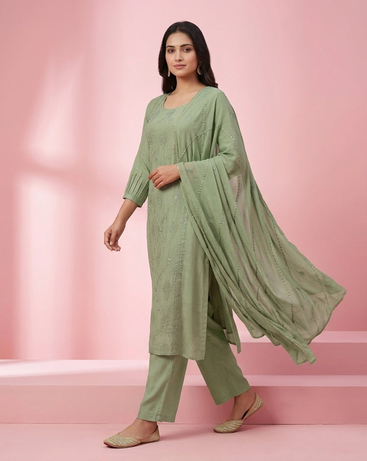 Sage Green "Serenade" Embroidered Chanderi Kurta Set with Dupatta