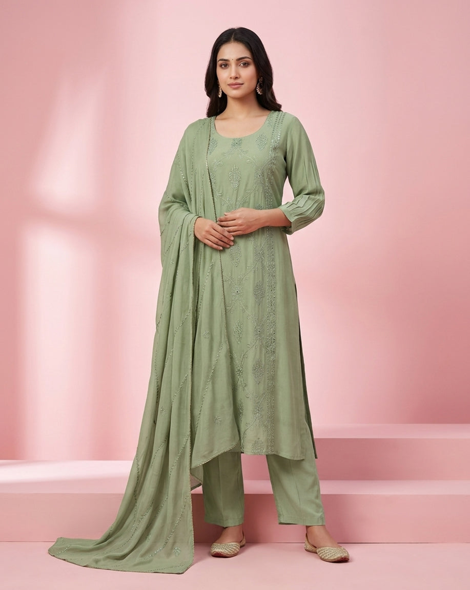 Sage Green "Serenade" Embroidered Chanderi Kurta Set with Dupatta