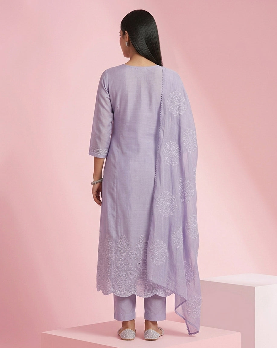 Lilac "Elegance" Embroidered Chanderi Kurta, Pant &amp; Patterned Dupatta Set