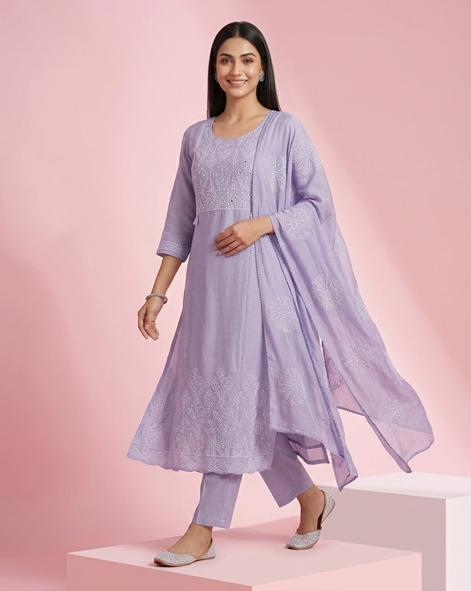 Lilac "Elegance" Embroidered Chanderi Kurta, Pant &amp; Patterned Dupatta Set