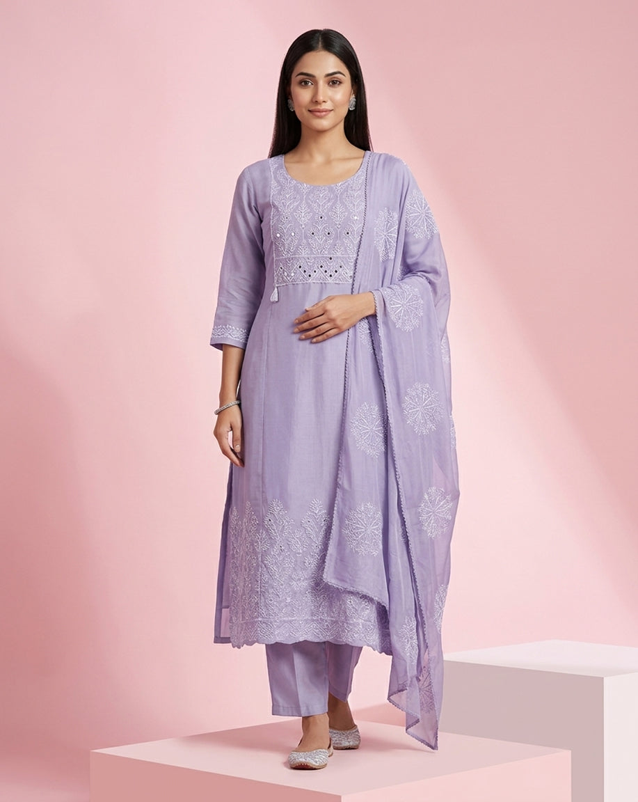 Lilac "Elegance" Embroidered Chanderi Kurta, Pant &amp; Patterned Dupatta Set