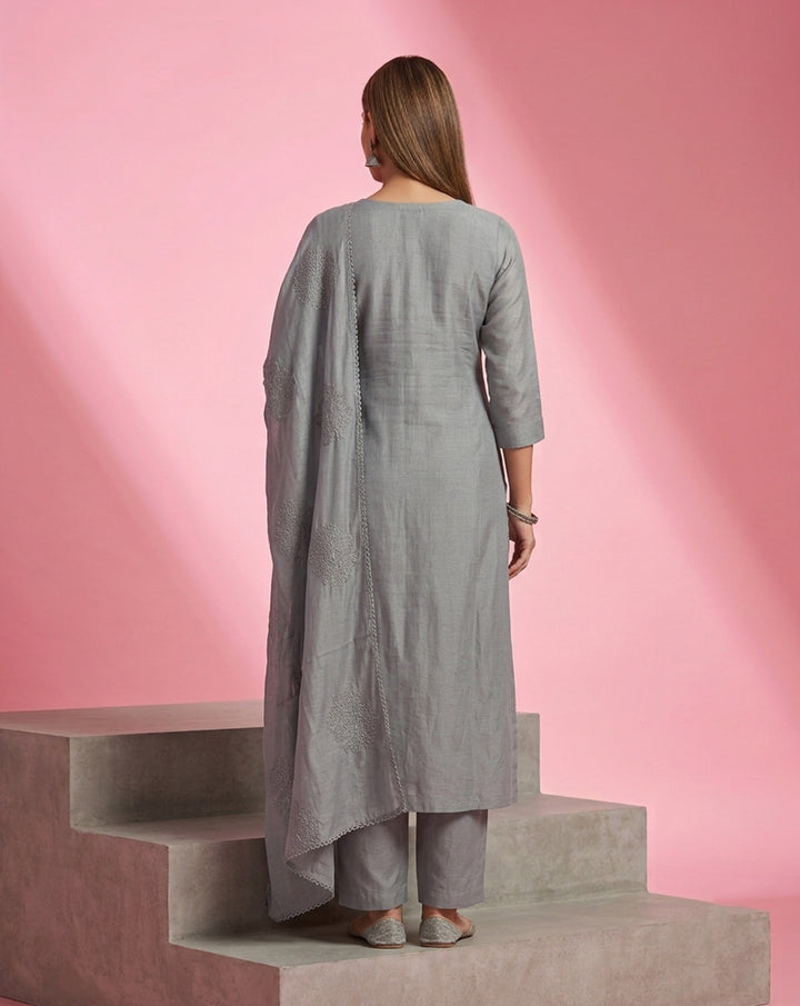 Grey "Heritage" Tonal Embroidered Chanderi Kurta, Pant &amp; Patterned Dupatta Set