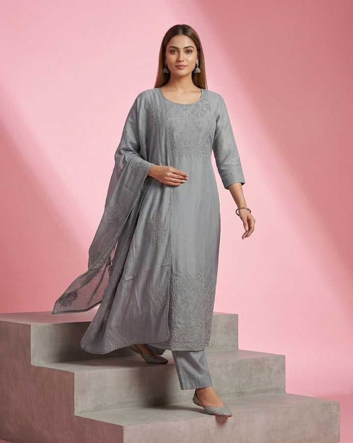 Grey "Heritage" Tonal Embroidered Chanderi Kurta, Pant &amp; Patterned Dupatta Set