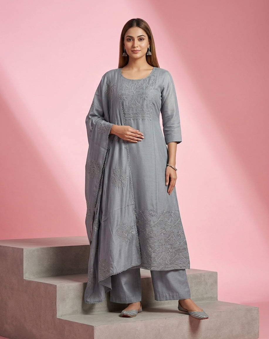 Grey "Heritage" Tonal Embroidered Chanderi Kurta, Pant &amp; Patterned Dupatta Set