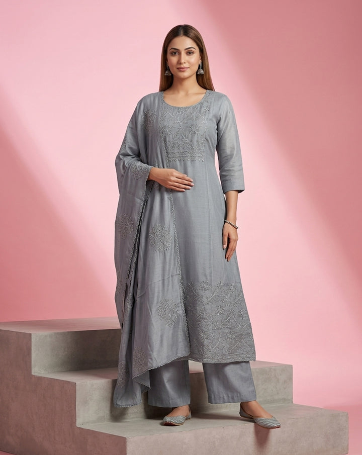 Grey "Heritage" Tonal Embroidered Chanderi Kurta, Pant &amp; Patterned Dupatta Set