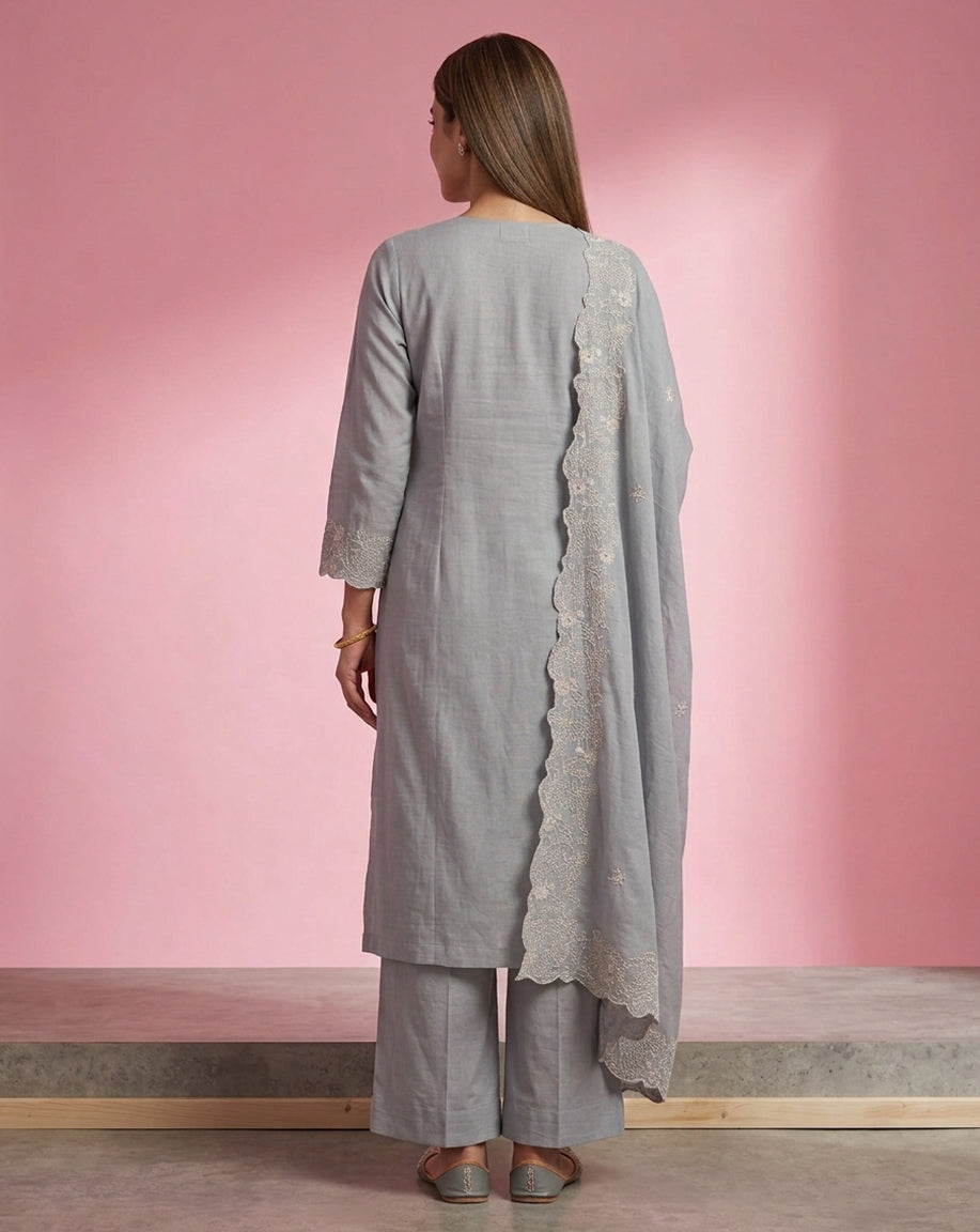 Light Grey "Graceful" Pintucked Embroidered Chanderi Kurta, Pant &amp; Dupatta Set