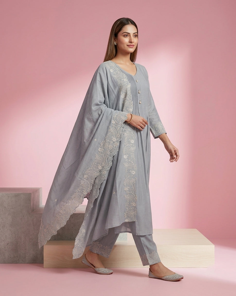 Light Grey "Graceful" Pintucked Embroidered Chanderi Kurta, Pant &amp; Dupatta Set