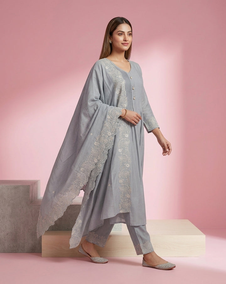 Light Grey "Graceful" Pintucked Embroidered Chanderi Kurta, Pant &amp; Dupatta Set
