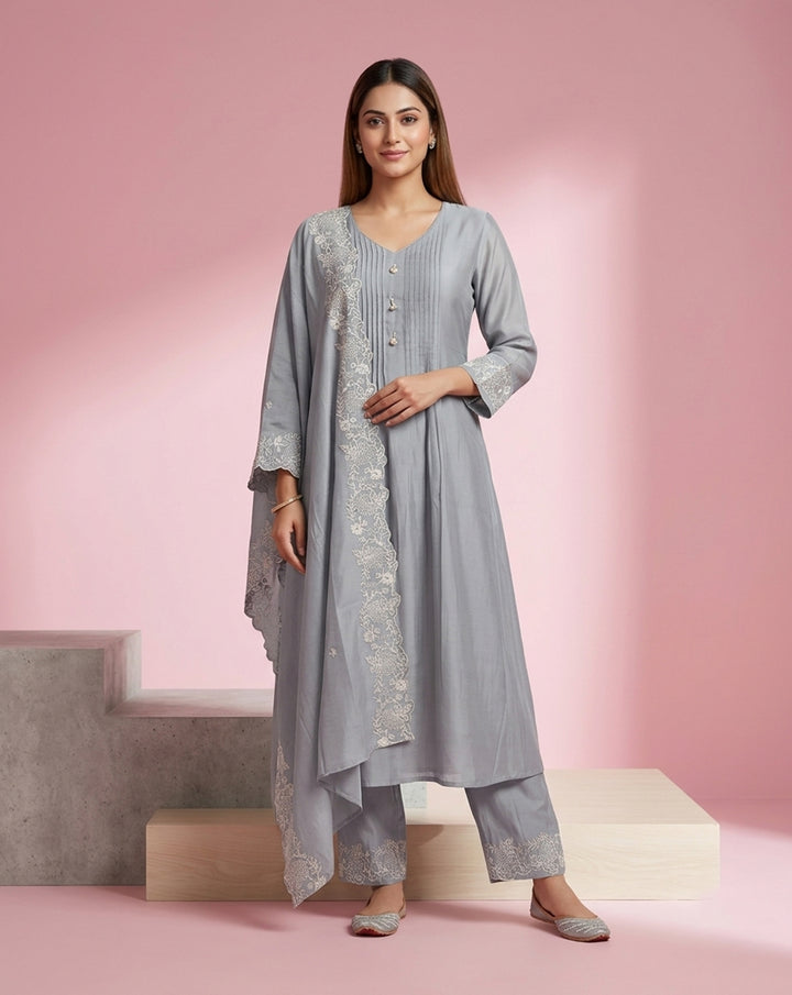Light Grey "Graceful" Pintucked Embroidered Chanderi Kurta, Pant &amp; Dupatta Set
