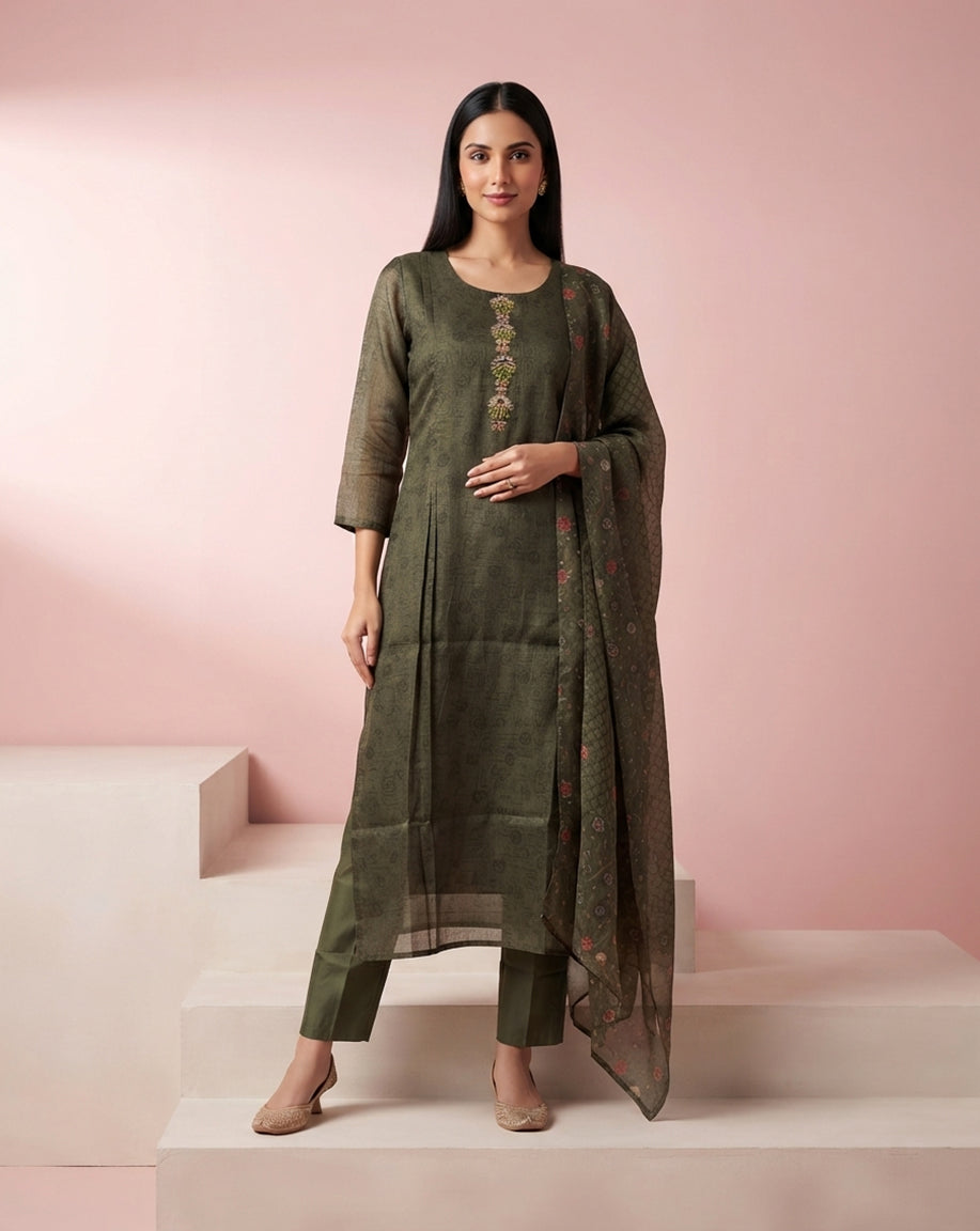 Olive Green "Heritage" Embroidered Chanderi Kurta, Pant &amp; Patterned Dupatta Set
