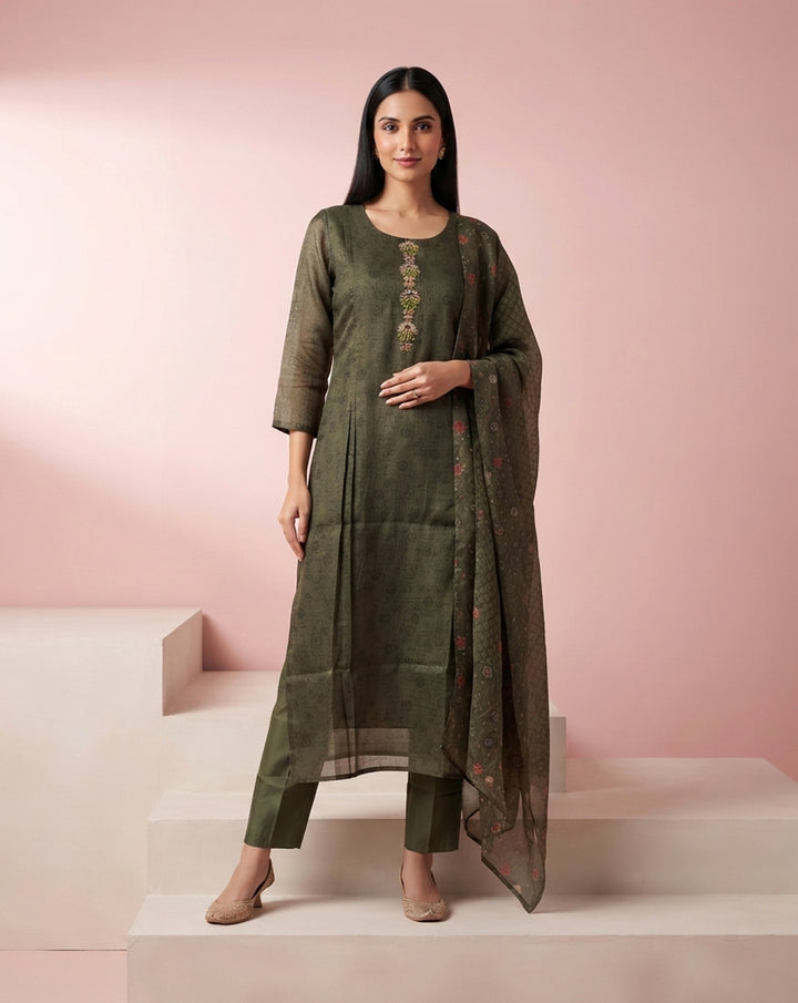 Olive Green "Heritage" Embroidered Chanderi Kurta, Pant &amp; Patterned Dupatta Set