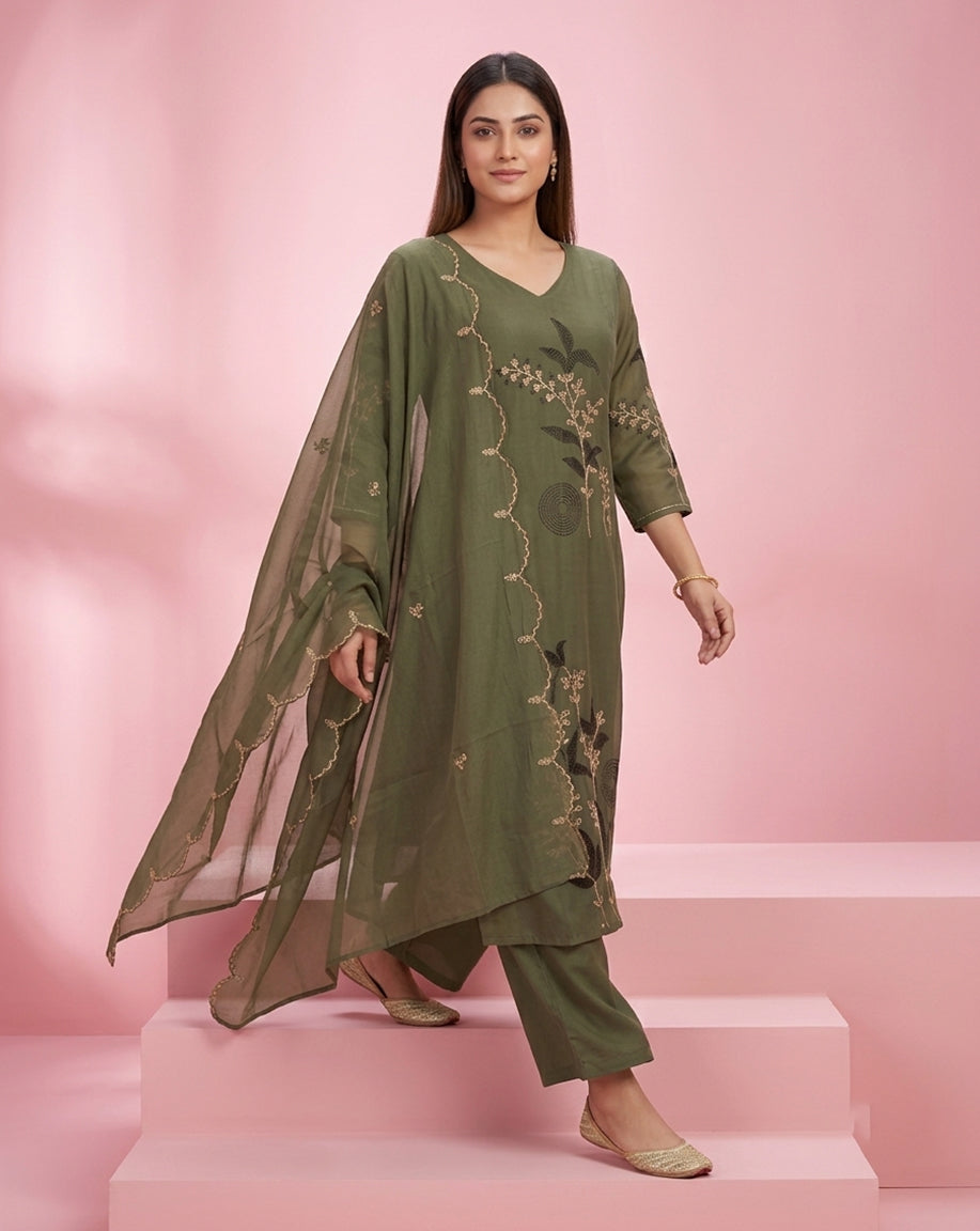 Olive Green "Botanical" Embroidered Chanderi Kurta, Pant &amp; Scalloped Dupatta Set