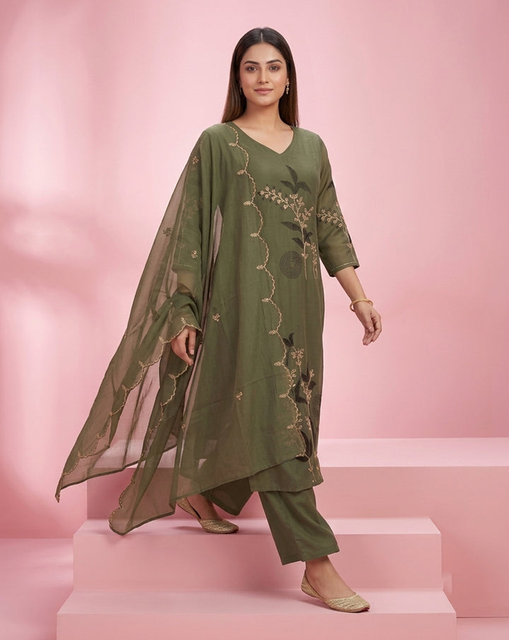 Olive Green "Botanical" Embroidered Chanderi Kurta, Pant &amp; Scalloped Dupatta Set