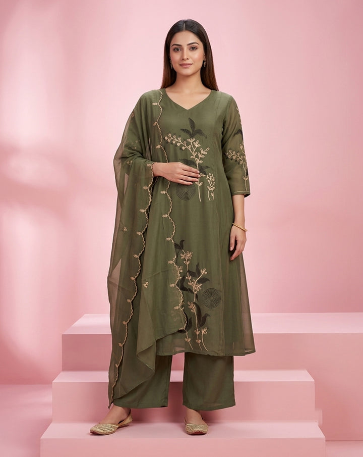 Olive Green "Botanical" Embroidered Chanderi Kurta, Pant &amp; Scalloped Dupatta Set