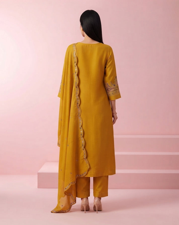 Mustard Yellow "Festive" Embroidered Chanderi Kurta, Pant &amp; Scalloped Dupatta Set
