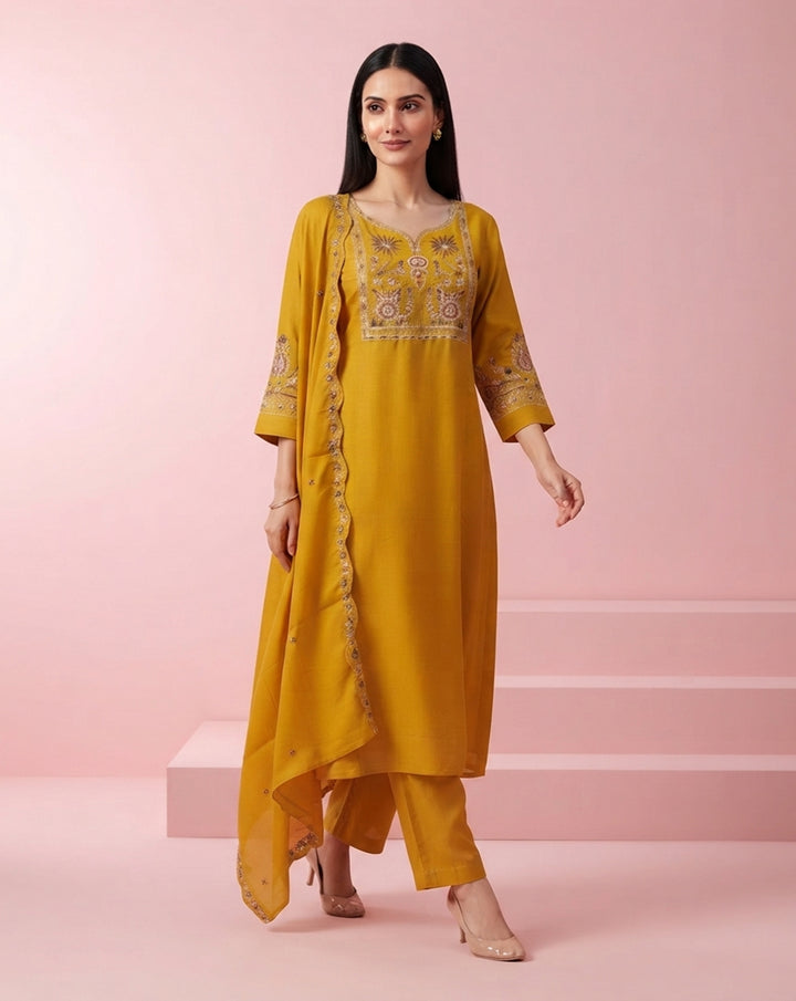 Mustard Yellow "Festive" Embroidered Chanderi Kurta, Pant &amp; Scalloped Dupatta Set