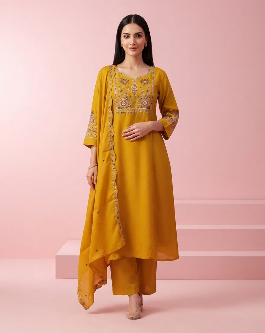 Mustard Yellow "Festive" Embroidered Chanderi Kurta, Pant &amp; Scalloped Dupatta Set