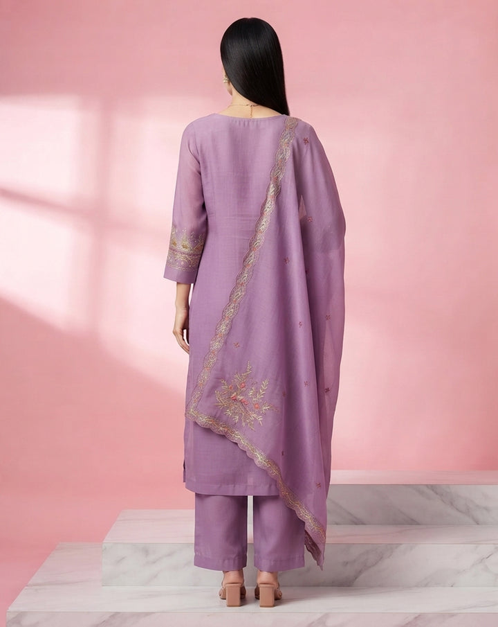 Lavender "Festive" Embroidered Chanderi Kurta, Pant &amp; Scalloped Dupatta Set