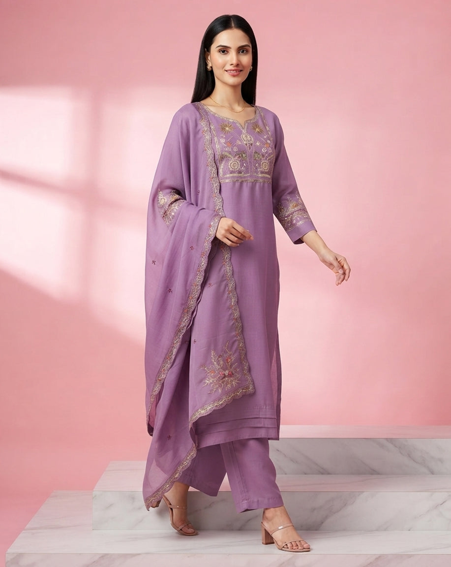 Lavender "Festive" Embroidered Chanderi Kurta, Pant &amp; Scalloped Dupatta Set
