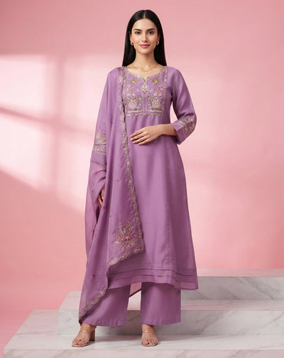 Lavender "Festive" Embroidered Chanderi Kurta, Pant & Scalloped Dupatta Set
