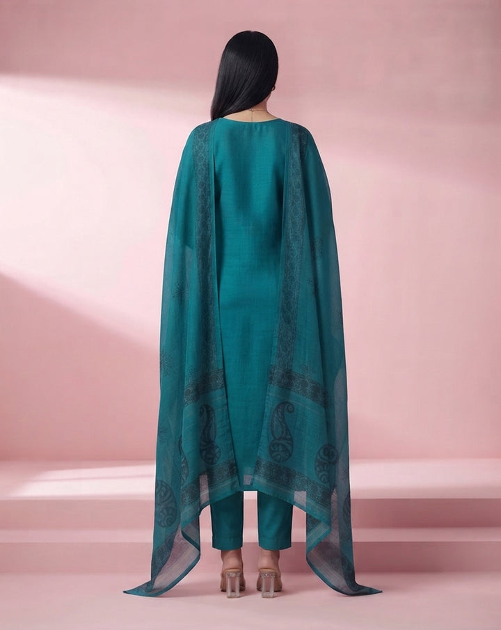 Teal Blue "Artisan" Printed &amp; Embroidered Chanderi Kurta, Pant &amp; Dupatta Set