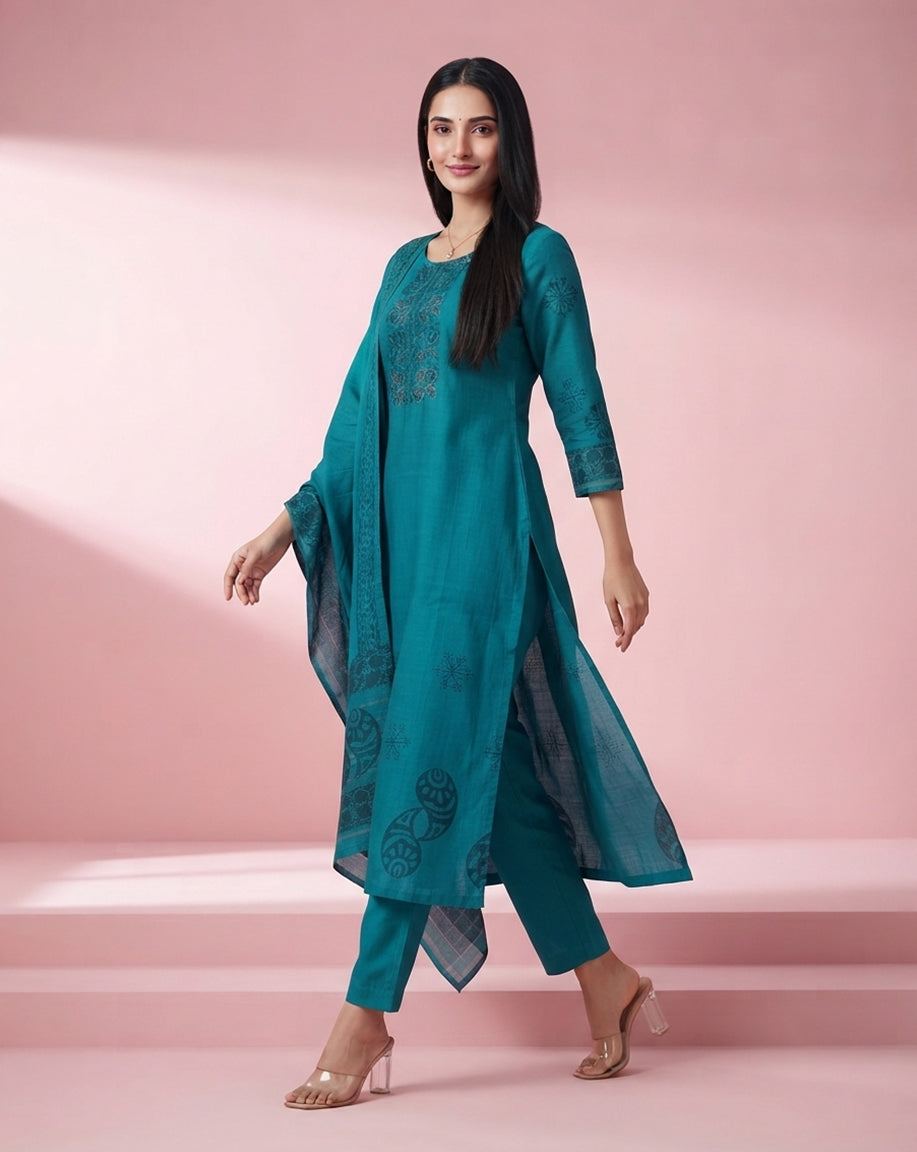 Teal Blue "Artisan" Printed &amp; Embroidered Chanderi Kurta, Pant &amp; Dupatta Set