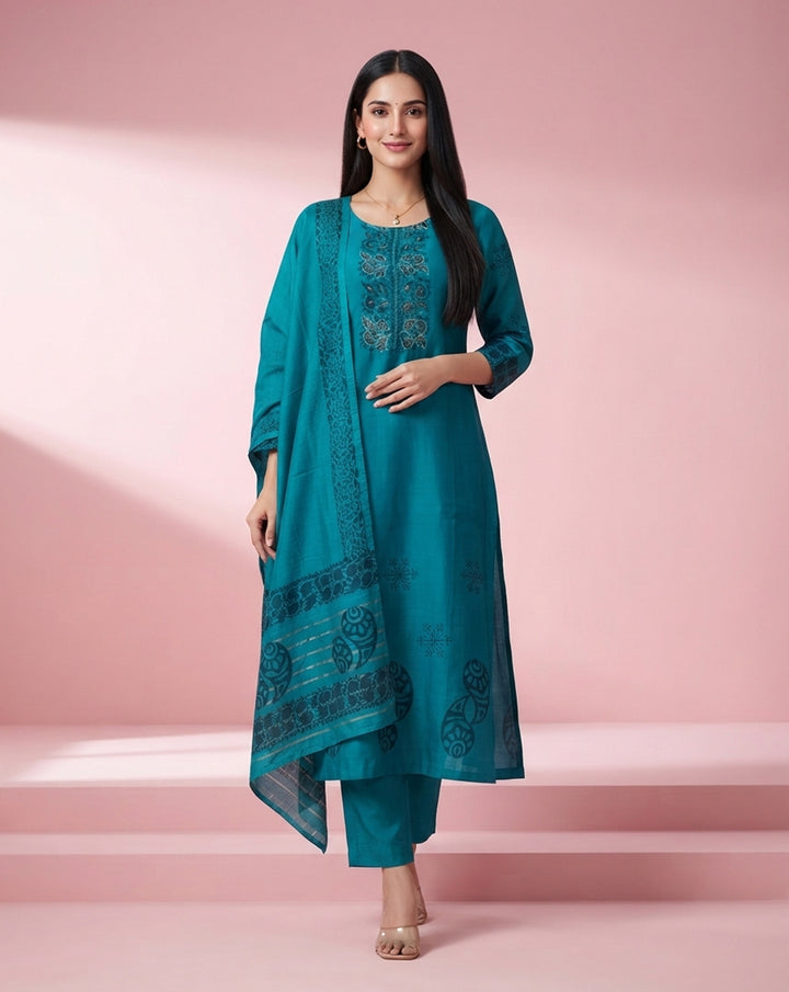 Teal Blue "Artisan" Printed &amp; Embroidered Chanderi Kurta, Pant &amp; Dupatta Set