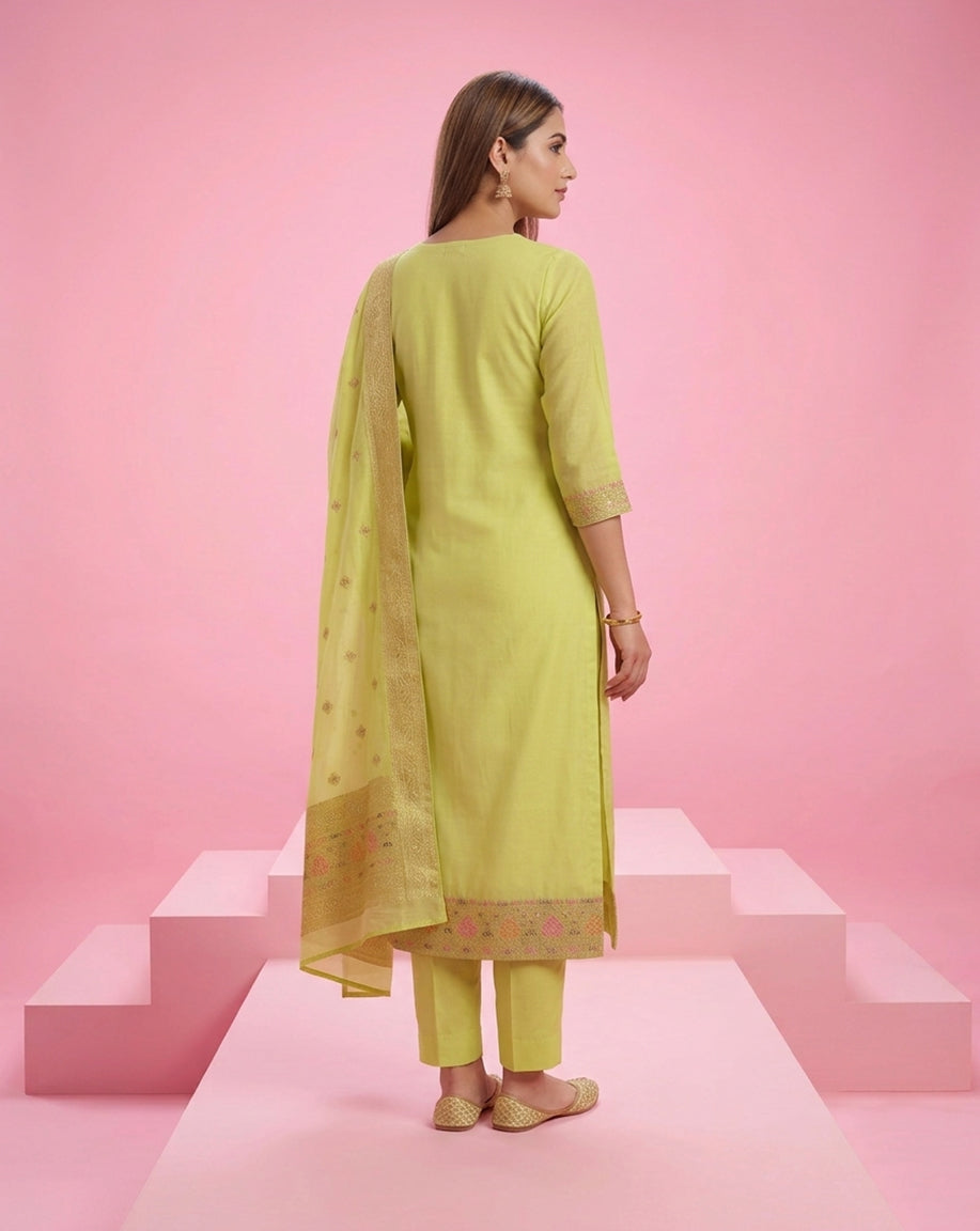 Lime Green "Royal" Embroidered Chanderi Kurta, Pant &amp; Banarasi Dupatta Set