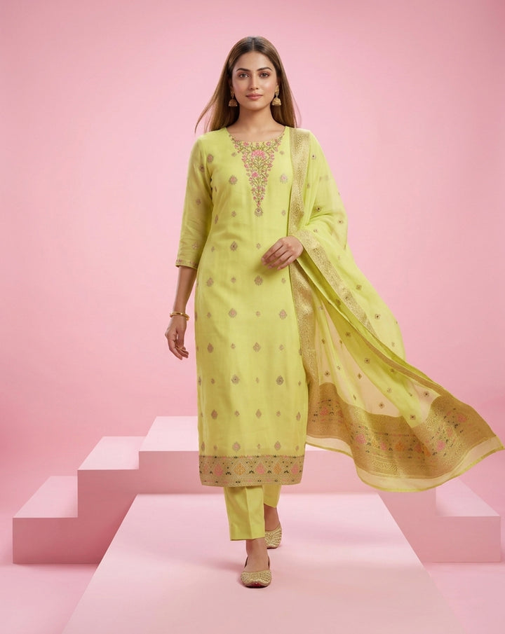 Lime Green "Royal" Embroidered Chanderi Kurta, Pant &amp; Banarasi Dupatta Set
