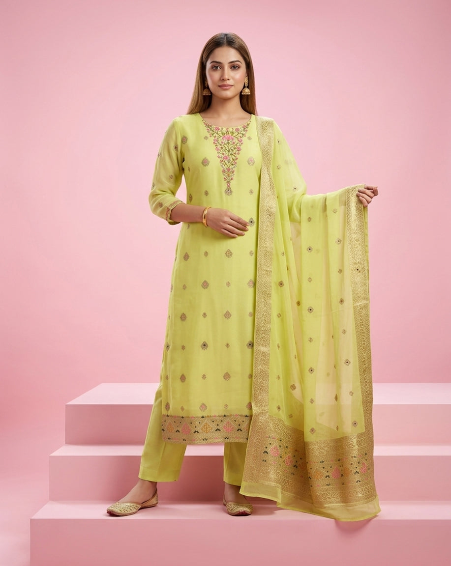 Lime Green "Royal" Embroidered Chanderi Kurta, Pant &amp; Banarasi Dupatta Set