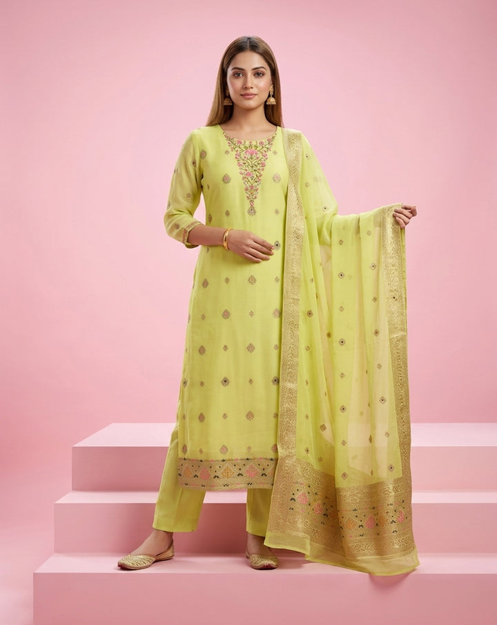 Lime Green "Royal" Embroidered Chanderi Kurta, Pant &amp; Banarasi Dupatta Set