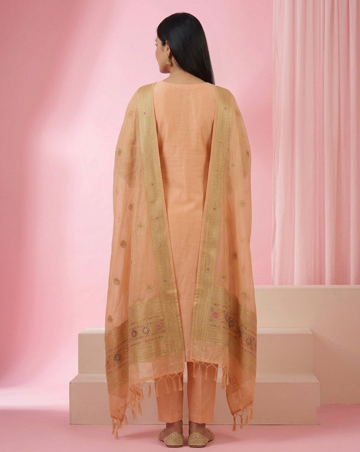 Peach "Royal" Embroidered Chanderi Kurta, Pant &amp; Banarasi Dupatta Set