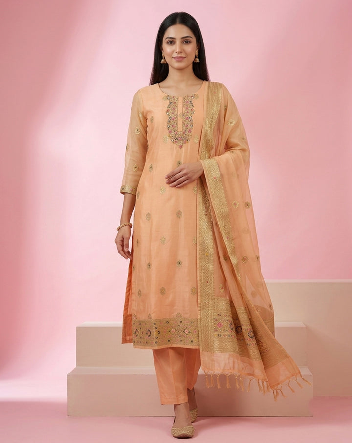 Peach "Royal" Embroidered Chanderi Kurta, Pant &amp; Banarasi Dupatta Set