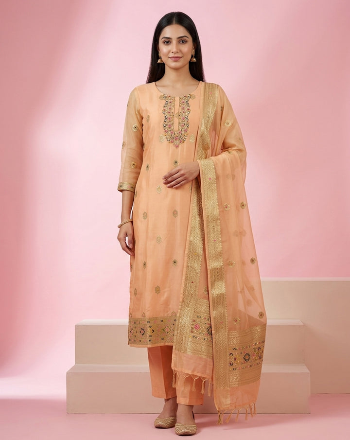 Peach "Royal" Embroidered Chanderi Kurta, Pant &amp; Banarasi Dupatta Set