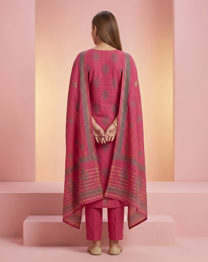 Fuchsia Pink "Vibrant" Embroidered Chanderi Kurta, Pant &amp; Patterned Dupatta Set