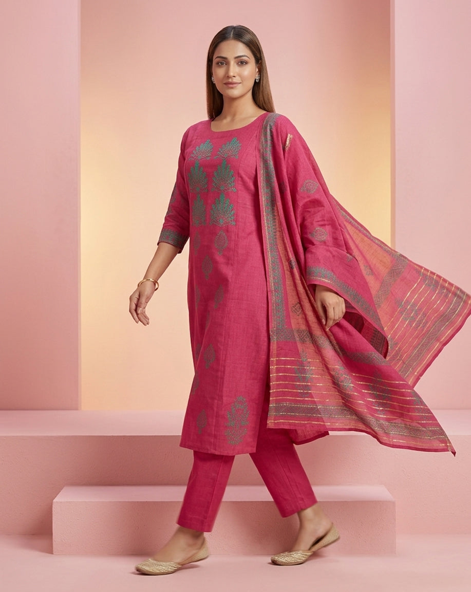 Fuchsia Pink "Vibrant" Embroidered Chanderi Kurta, Pant &amp; Patterned Dupatta Set