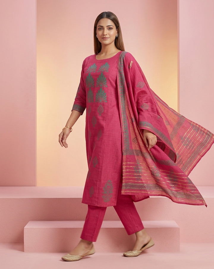 Fuchsia Pink "Vibrant" Embroidered Chanderi Kurta, Pant &amp; Patterned Dupatta Set