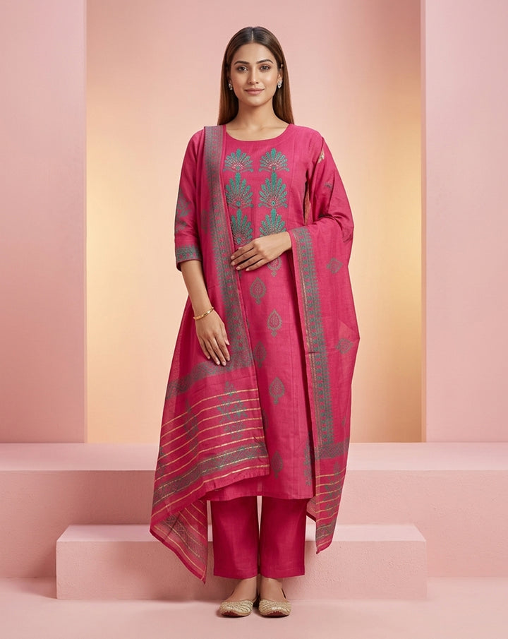 Fuchsia Pink "Vibrant" Embroidered Chanderi Kurta, Pant &amp; Patterned Dupatta Set