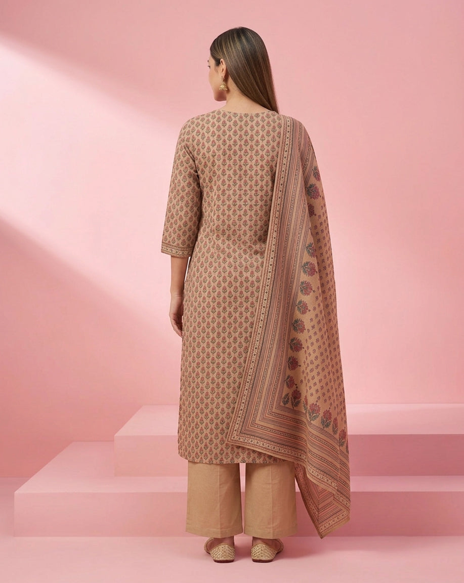 Beige "Classic" Floral Printed Cotton Straight Kurta, Pant &amp; Dupatta Set