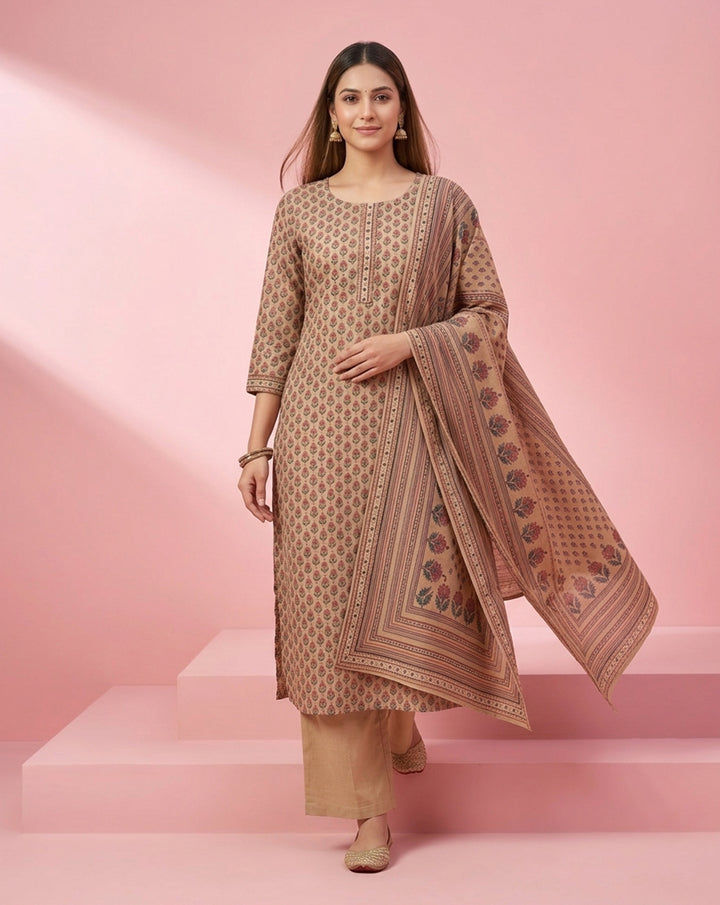 Beige "Classic" Floral Printed Cotton Straight Kurta, Pant &amp; Dupatta Set