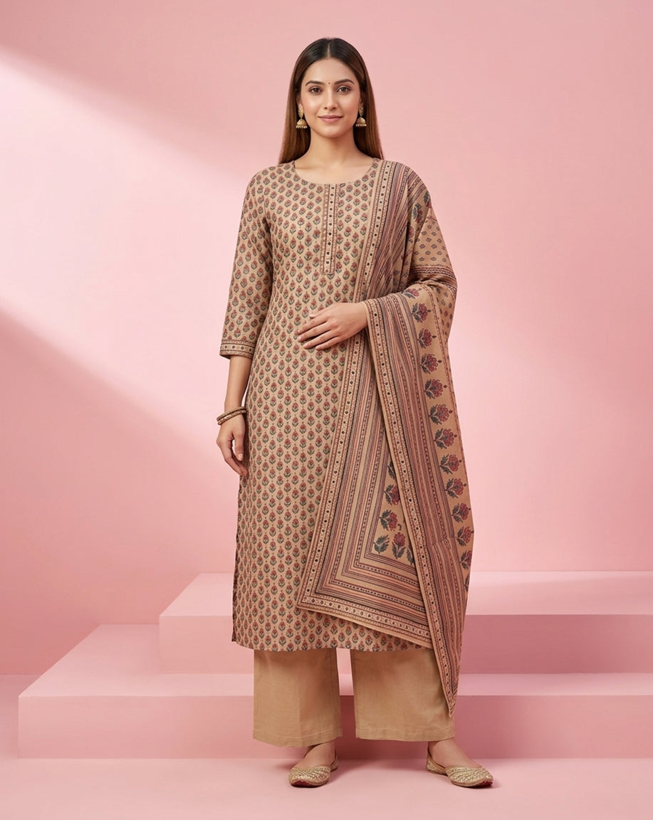 Beige "Classic" Floral Printed Cotton Straight Kurta, Pant &amp; Dupatta Set