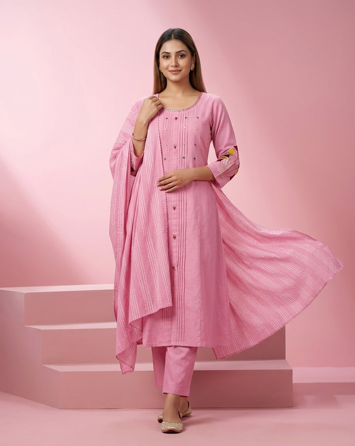 Pink "Graceful" Pintucked Embroidered Kurta, Pant &amp; Striped Dupatta Set