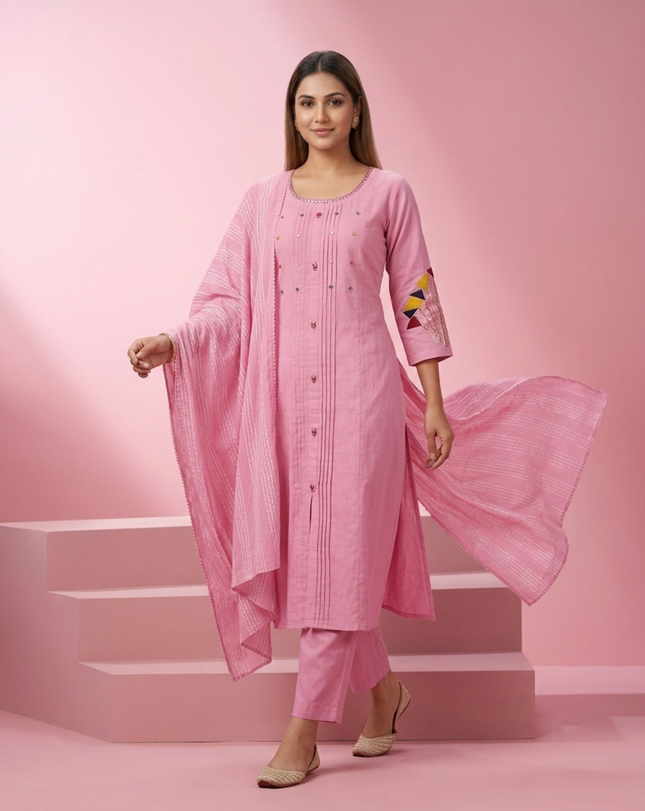 Pink "Graceful" Pintucked Embroidered Kurta, Pant &amp; Striped Dupatta Set