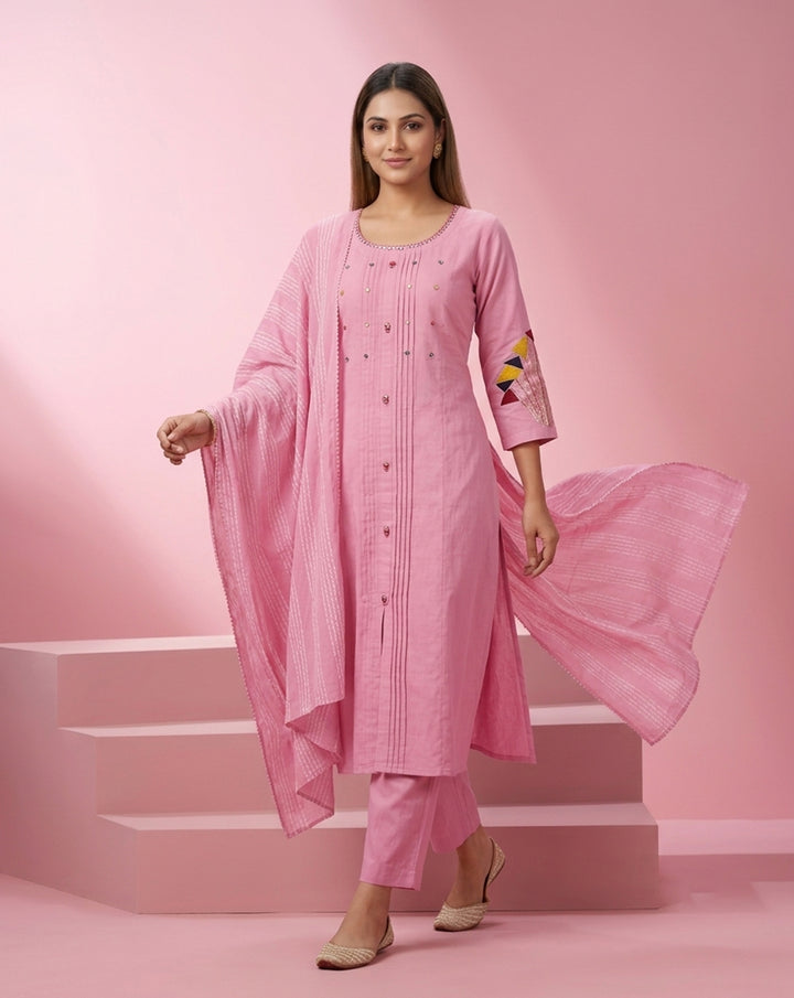 Pink "Graceful" Pintucked Embroidered Kurta, Pant &amp; Striped Dupatta Set
