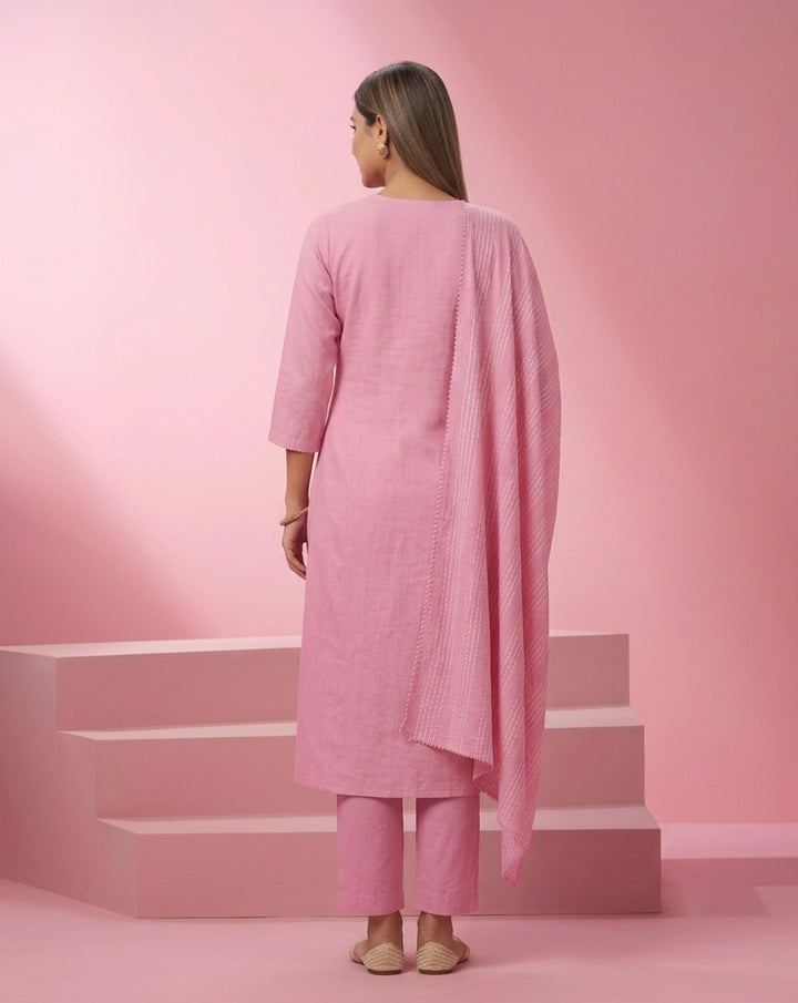 Pink "Graceful" Pintucked Embroidered Kurta, Pant &amp; Striped Dupatta Set