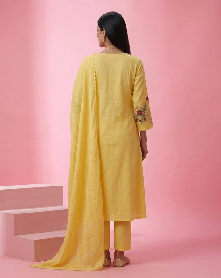 Yellow "Radiant" Minimalist Embroidered Cotton Kurta, Pant &amp; Dupatta Set