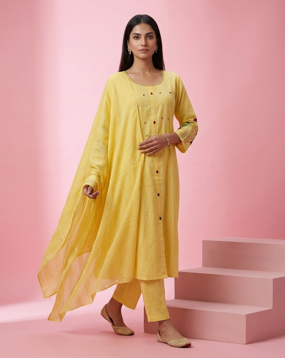 Yellow "Radiant" Minimalist Embroidered Cotton Kurta, Pant &amp; Dupatta Set