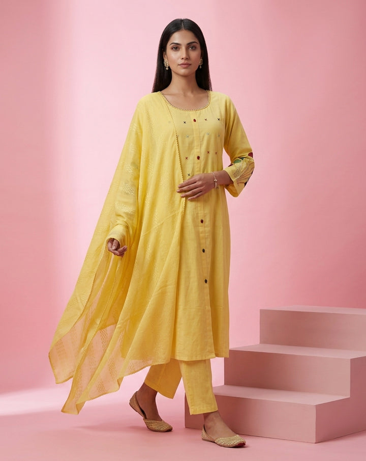 Yellow "Radiant" Minimalist Embroidered Cotton Kurta, Pant &amp; Dupatta Set