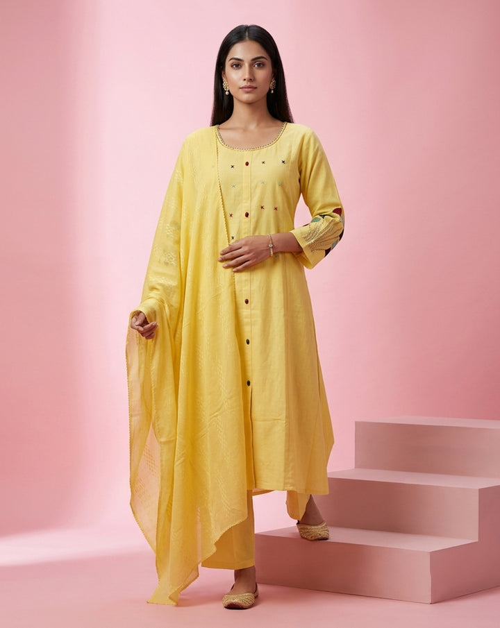 Yellow "Radiant" Minimalist Embroidered Cotton Kurta, Pant &amp; Dupatta Set
