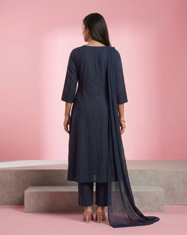 Navy Blue "Classic" Embroidered Flared Cotton Kurta, Pant &amp; Dupatta Set